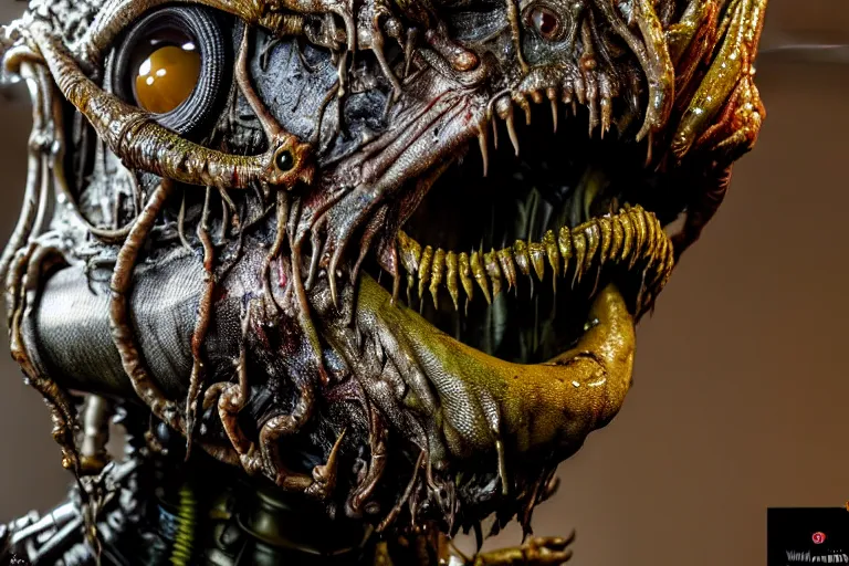 Image similar to wide angle photo taken of an epic intricate, ultra detailed, super realistic gritty, hero prop, exquisitely weathered animatronic movie prop of a lifelike sculpture of a wet, slimey nightmarish hellish alien creature displayed in the workshop, created by weta workshop, full body shot, photorealistic, sharp focus