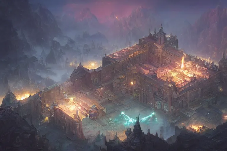 Prompt: an intricate matte painting of top down rpg battle map, iridescent light bouncing off magical dice laying on top of it by Christophe Vacher and Bastien Lecouffe-Deharme, trending on artstation