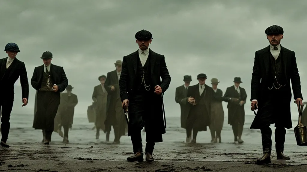 Image similar to the peaky blinders shrimps coming out of the ocean film still from the movie directed by denis villeneuve with art direction by zdzis