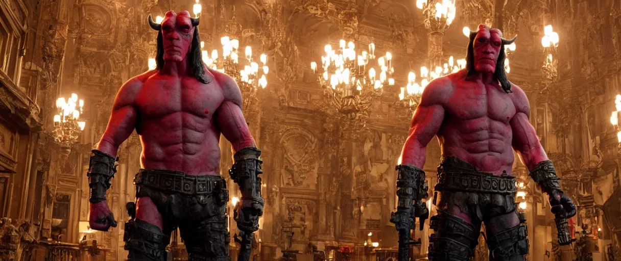 Prompt: Still from Hellboy (2022) depicting ornate architecture