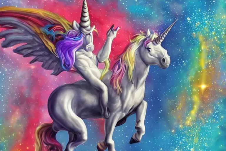 Image similar to cheesy unicorn impales man on bloody horn, airbrush, sparkles, dynamic lighting