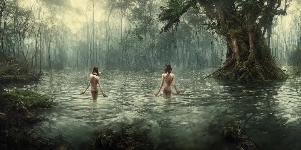 Prompt: forest nymph rising from the water. view from behind, back view. nuri iyem, james gurney, james jean, greg rutkowski, anato finnstark. award winning photography, cinematic, clear, instagram