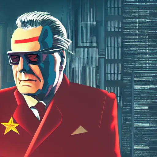 Prompt: cyberpunk josip broz tito as the leader of a futuristic communist nation, cybernetics, sharp lines, digital, artstation, colored in