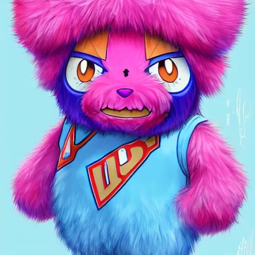 Image similar to Habs Mascot YOUPPI pokemon shiny, legendary, ultra rare, super cute and friendly, most powerful legendary shiny cyan pink pokémon, highly detailed, digital pencil painting, anime, cartoonish, gentle fluffy monster pink and light blue youppi pokemon, sharp focus, illustration, art by artgerm and greg rutkowski and alphonse mucha