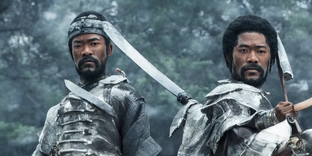 Image similar to a film still of a black man starring in a japanese blockbuster film as samurai on fire, shallow depth of field, cinematic, award winning cgi, vfx, film still