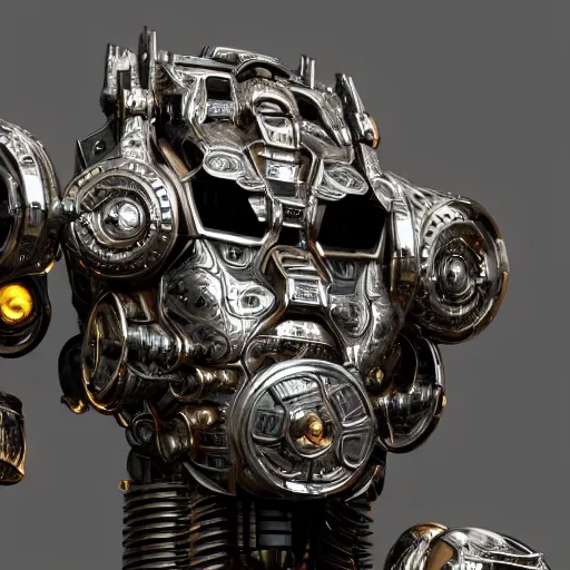 Image similar to Ultra-detailed cinematic render of a macro mecha cyborg face, cyborg eyes, metalic reflection, intricate details, full body, torso, wires, unreal engine, dragon armor, intricate, octane render, high quality, ornate gems, 8k, by takeshi yoshida, volumetric lighting, person centered composition, trending on art station