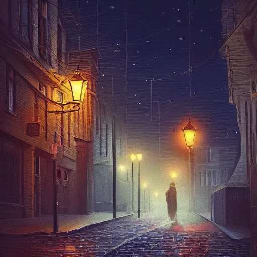 Prompt: A quaint, magical, medieval, winding London street at night, digital painting by Alena Aenami, trending on artstation