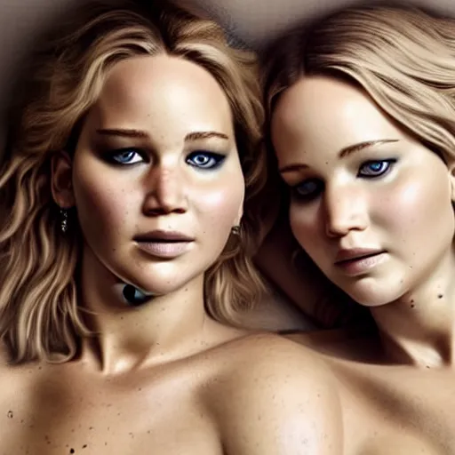 Image similar to beautiful serene intricate portrait of jennifer lawrence and jennifer lawrence, smiling softly, wearing casual clothes, relaxing on the couch, interior lighting, peaceful living room interior, soft focus, 8 k, art by irakli nadar, hyperrealism, hyperdetailed, ultra realistic