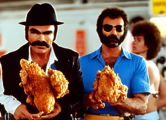 Prompt: film still of burt reynolds holding a bucket of fried chicken in cannonball run 1 9 8 2