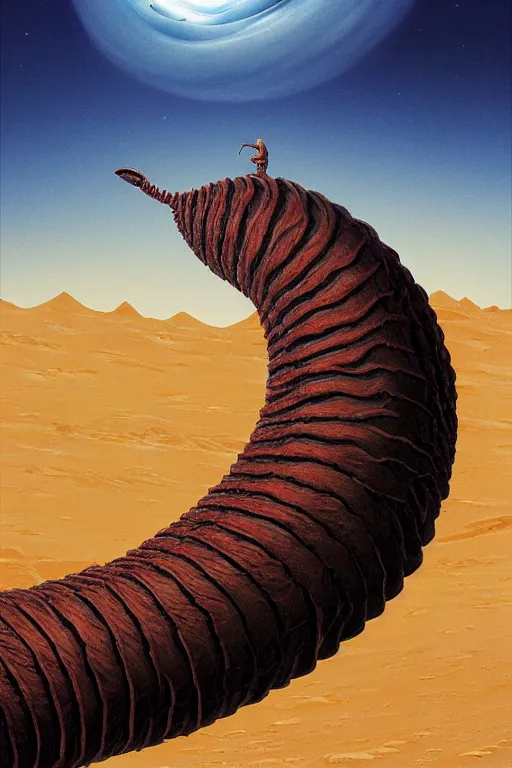 Image similar to a sandworm on arrakis, god emperor of dune, shai hulud, large desert worm by david a hardy, noriyoshi ohrai, gary ruddell, ( greg rutkowski ), salvador dali, moebius, makoto shinkai, highly detailed, cinematic composition, trending on artstation