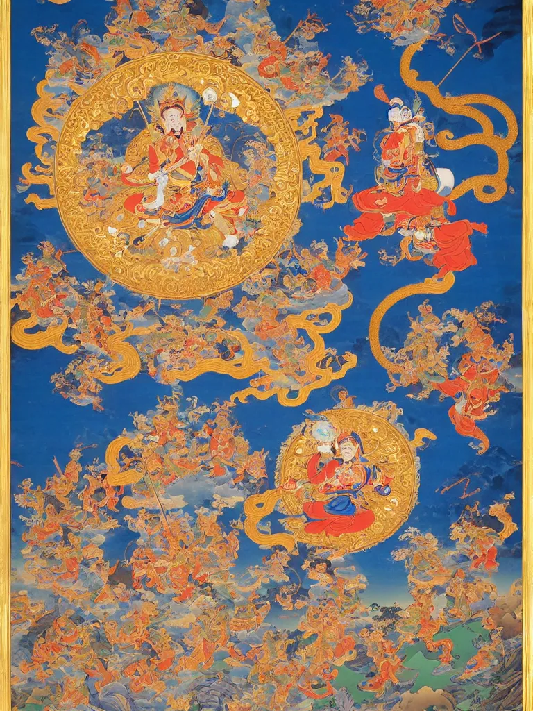 Image similar to a Beautifully exquisite WUKONG Thangka, with intricate details and bright colors. WUKONG is shown in the center, surrounded by demons that he is defeating. The background is a deep blue, with mountains and clouds. The thangka is framed in a gold border, from which rays of light are emanating by WU DAOZI, zhang xuan, qiu ying, Chris Saunders,