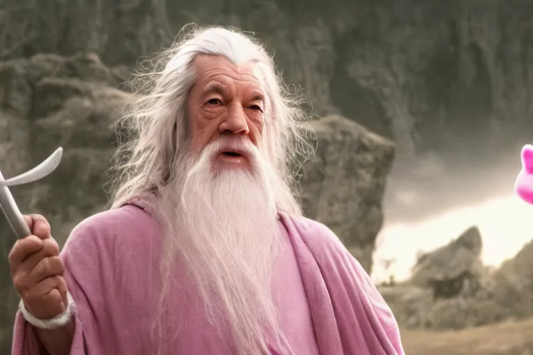 Prompt: portrait of Gandalf wearing pink Hello kitty costume, gentle smile, sunrise, movie still from Lord of the Rings, cinematic