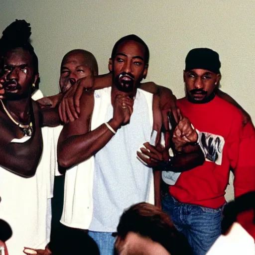 Image similar to 2 pac parting in 1 9 9 2 photo. small house party.