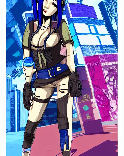 Image similar to cel shaded art of a pretty blue haired girl, jet grind radio graphics, cyberpunk city street background