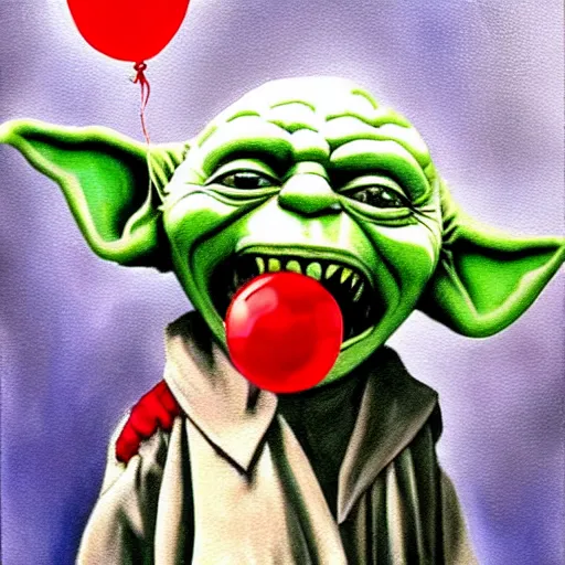 Image similar to grunge painting of yoda with a wide smile and a red balloon by chris leib, loony toons style, pennywise style, corpse bride style, horror theme, detailed, elegant, intricate