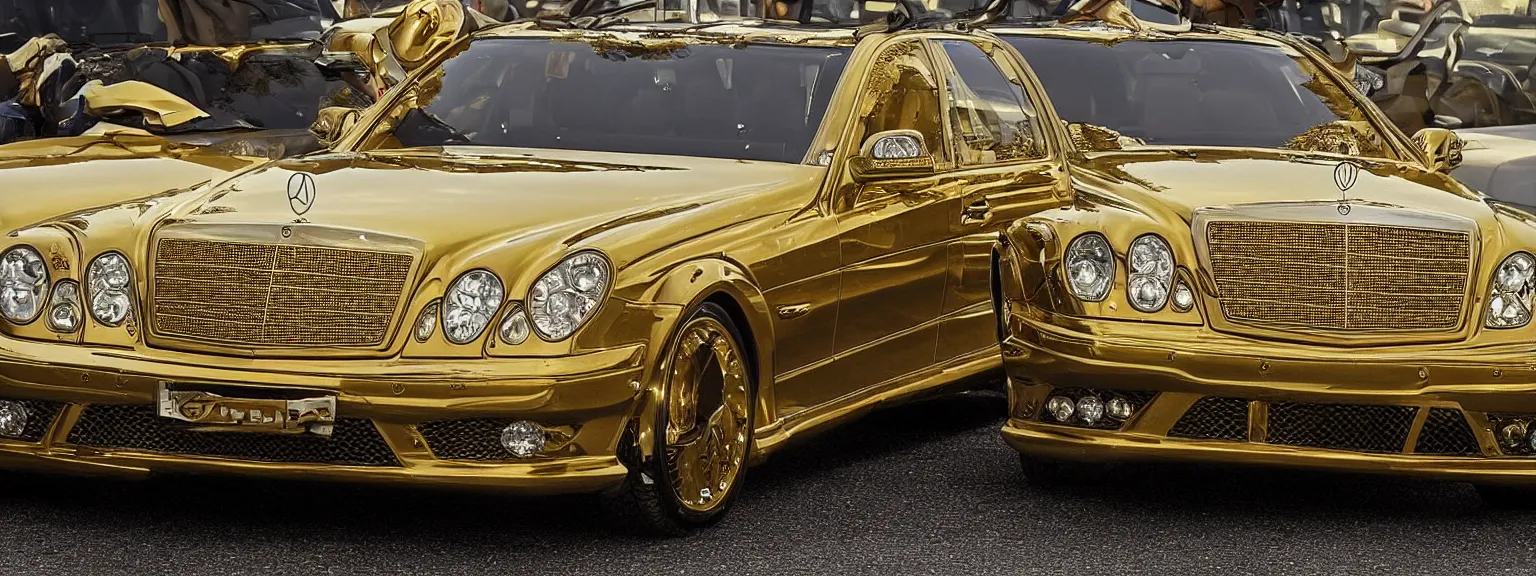 Prompt: photography a very luxurious, golden mercedes studded with diamonds, premium,