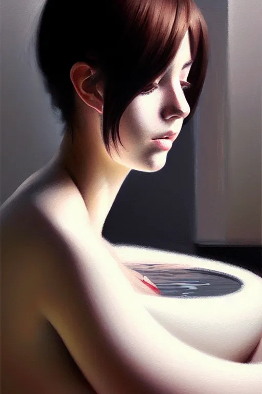 Image similar to a ultradetailed beautiful portrait panting of a stylish woman sitting in a bath, she is wearing a white shirt with a tie, oil painting, by ilya kuvshinov, greg rutkowski and makoto shinkai