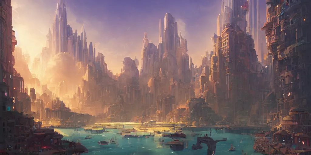 Image similar to a busy and thriving city of Atlantis at the height of it's power in the style of Sylvain Sarrailh, beautiful digital art, cinematic composition, detailed, concept art, Matt painting, oil painting, high res