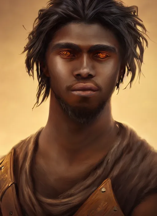 Image similar to An epic fantasy comic book style portrait painting of a dark skinned long haired boy peasant with intelligent eyes, unreal 5, DAZ, hyperrealistic, octane render, cosplay, RPG portrait, dynamic lighting