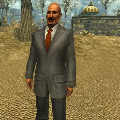 Image similar to Alexander Lukashenko wearing a suit and tie in Balmora in Elder Scrolls III: Morrowind, outdated 2002 Morrowind graphics