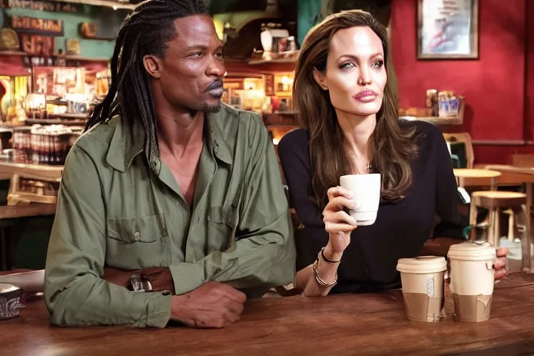 Image similar to angelina jolie and the predator, best friends, drinking coffee at central perk, still photo, hyperrealistic, 35mm, 8k, by weta digital