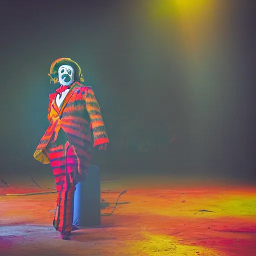 Image similar to abandoned circus, there is one clown in the middle of the stage, photograph, 50mm