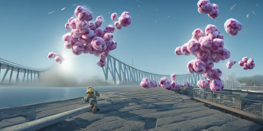 Prompt: explosion in the form of cotton plant on the huge long crimean bridge, team fortress style, 3 d octane remder, epic lighting, 8 k, by goro fujita