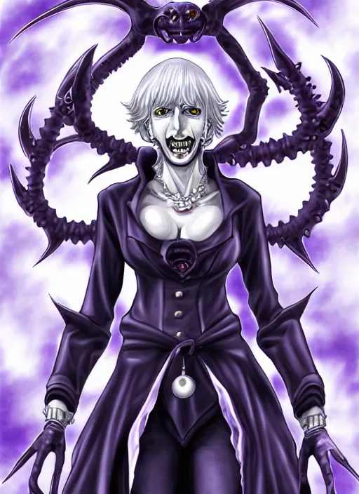 Image similar to shin megami tensei art of a demon called margaret thatcher, art by kazuma kaneko, demonic! compedium!, digital drawing, law - alligned, white background, high quality, highly detailed