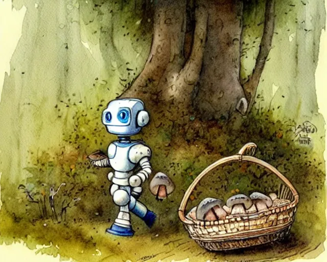 Image similar to a cute little robot walking in the forest picking mushrooms, holding a basket full of mushrooms, watercolor painting by jean - baptiste monge, muted colors