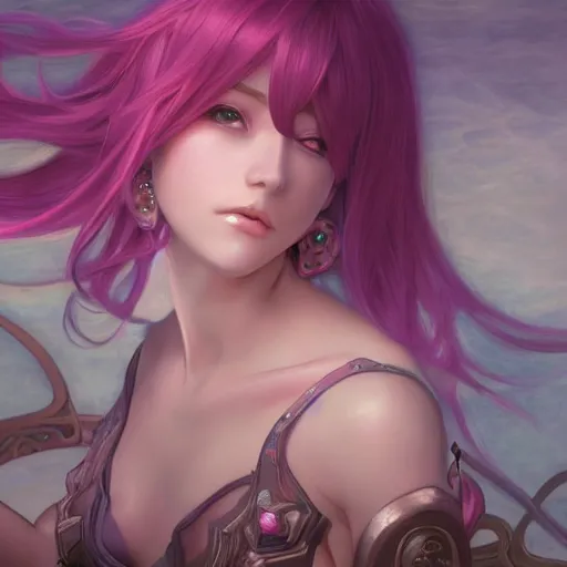 Image similar to VI from League of Legends of Arcane animated Series with short pink hair drawn by Donato Giancola and Makoto Shinkai, Edmund Leighton, Alphonse Mucha, background by James Jean and Gustav Klimt, 4k, porcelain skin, volumetric lighting, komorebi, french nouveau, trending on artstation, octane render, hyperrealistic