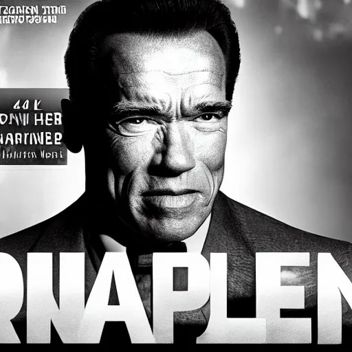 Prompt: Arnold Schwarzenegger as Citizen Kane, film still, cinematic lighting, 35mm, black and white still, Ansel Adams, movie poster, ultra detailed, 4k, UHD