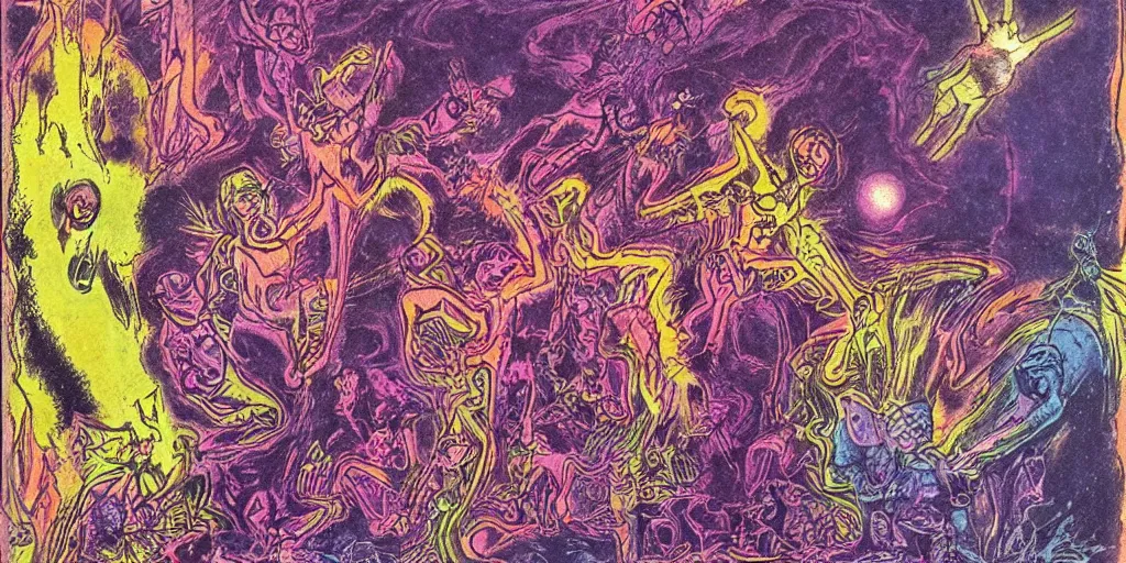 Image similar to dawn of creation; first atom; beings of light and darkness; ethereal plane. Bright neon colors. illustrated by maurice sendak and Stephen Gammell and jean dubuffet