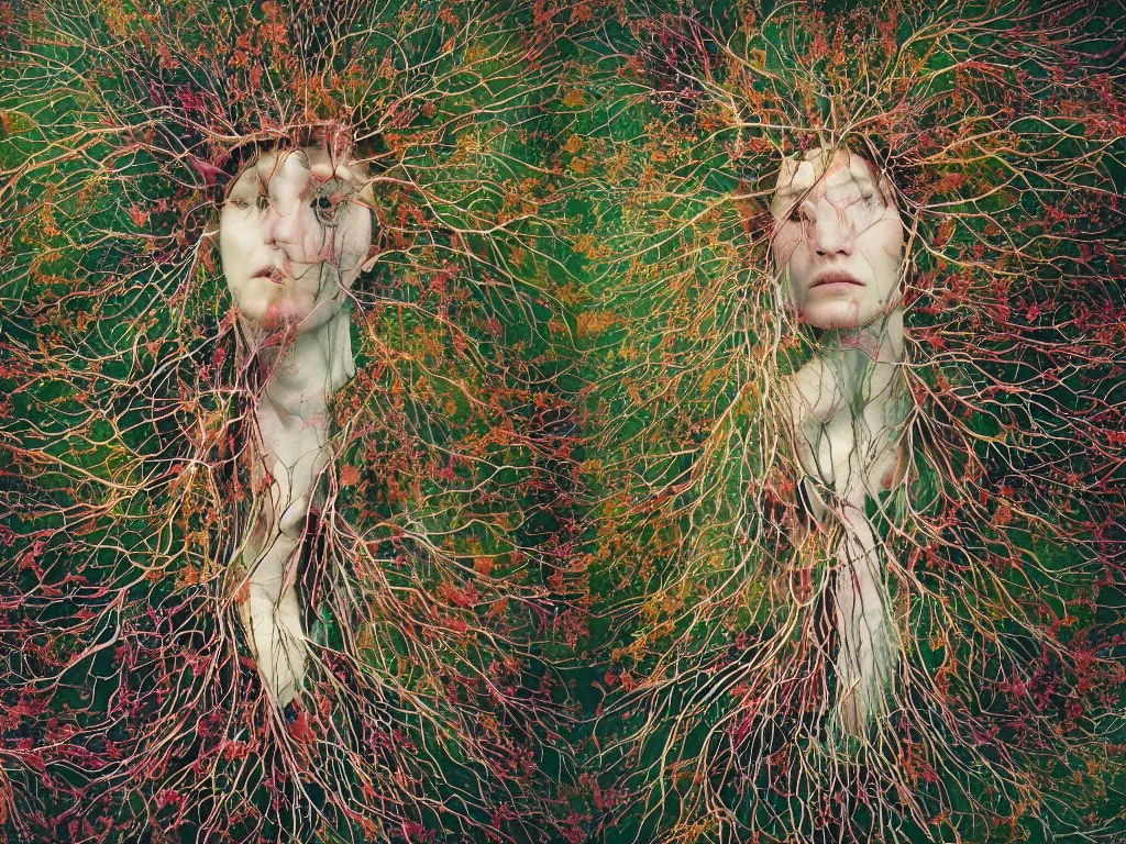 Prompt: a artistic multicalors zoom out picture with singular human -tree with crown like mycelium blossom branches highly detailed by Alasdair McLellan, by Agnes Cecile and by Agnes Lawrence Pelton