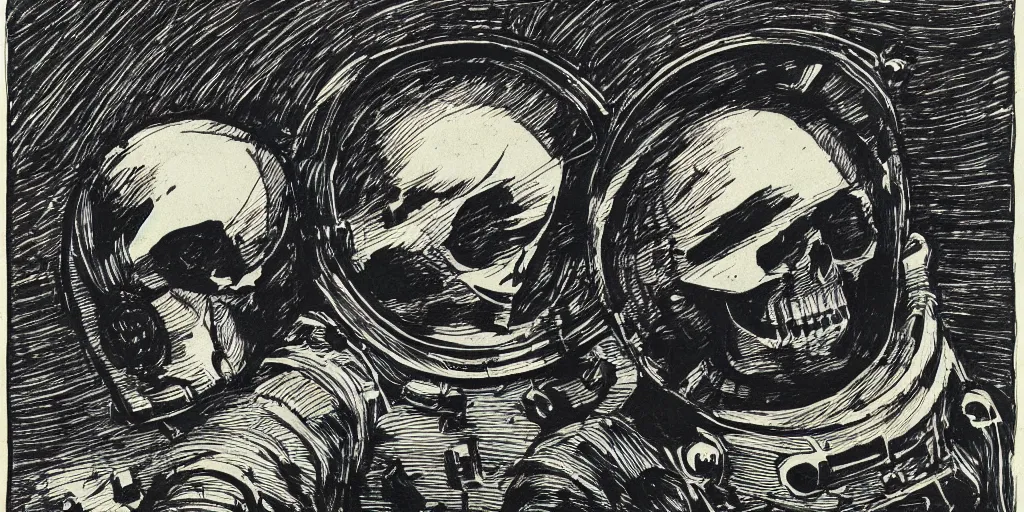 Image similar to etch portrait of a skull wearing a space helmet, in the style of goya etchings, scifi, big clouds visible in the background, stars in the sky, high contrast, deep black tones