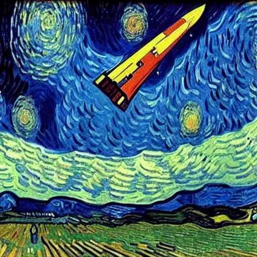 Prompt: a painting of a space ship launching by van gogh