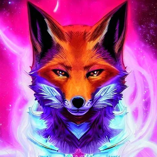 Image similar to a stylized blacklight painting of an avatar of an awesome cosmic powerful luxurious foxfolk mage themed around death and nebulas, in the style of dnd beyond avatar portraits, beautiful, artistic, elegant, lens flare, magical, lens flare, nature, realism, stylized, art by jeff easley