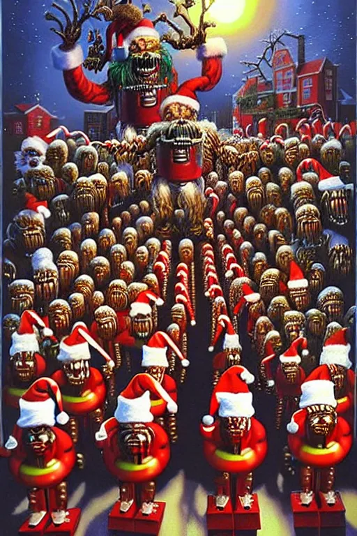 Image similar to a hyperrealistic painting of a 3 d christmas nightmare with giant mechanical nutcracker monster march of the wooden soldiers, cinematic horror by chris cunningham, lisa frank, richard corben, highly detailed, vivid color,