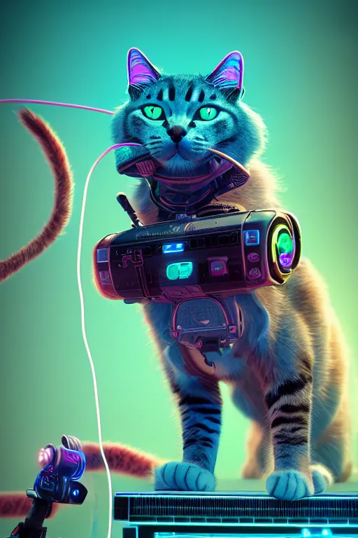 Prompt: cyborg cat, cyborg Kitten, cyborg fur baby, vapor wave, wires and resisters, ultra hd, Painted By Andreas Rocha, unreal 5, DAZ, hyperrealistic, octane render, dynamic lighting, intricate detail, summer vibrancy, cinematic