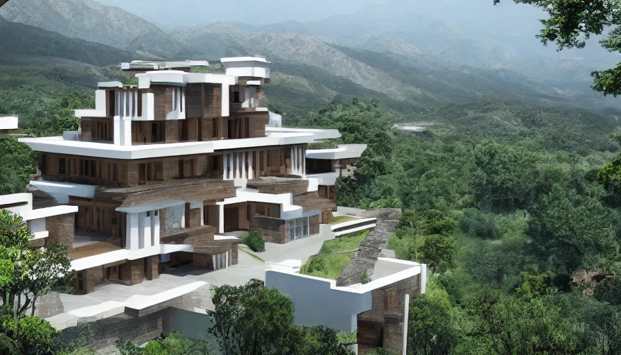 Image similar to residential villa inspired by tibetan architecture, on city, overlooking a valley with trees, frank lloyd wright, zaha hadid, le corbeusier, photorealistic, birds eye view