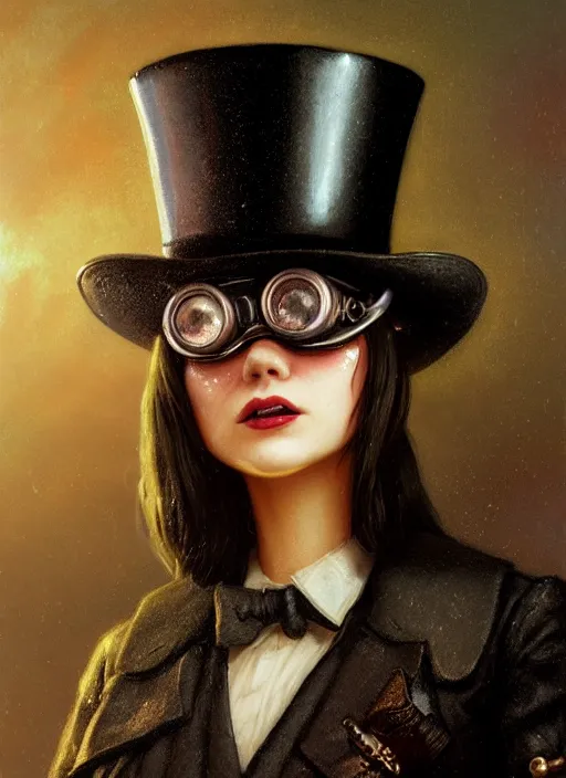 Prompt: highly detailed closeup portrait of jill the ripper wearing goggles and a top hat, stephen bliss, unreal engine, greg rutkowski, ilya kuvshinov, ross draws, tom bagshaw, tom whalen, alphonse mucha, nicoletta ceccoli, mark ryden, earl norem, global illumination, god rays, detailed and intricate environment