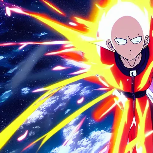 Prompt: saitama\'s punch in space creating portal to a new dimension, high quality anime