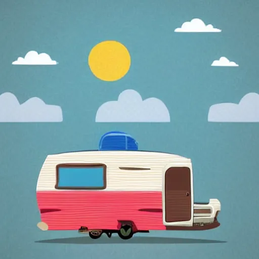 Image similar to beautiful cute cozy very little rv by the water, sunset, puffy cute clouds, cute simple cartoon, vector, white background, watercolor, 4 colors!!!