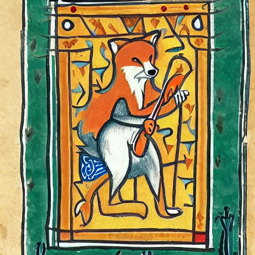 Prompt: anthropomorphic fox doing fieldwork, illuminated manuscript