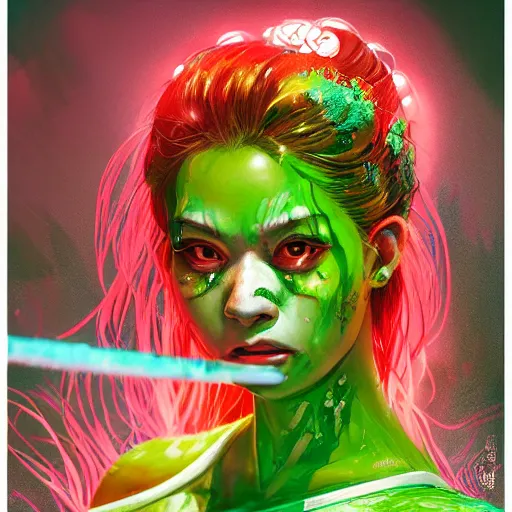 Image similar to clear portrait of japanese zombie geisha with neon green acid leaking from side of her mouth, background hyper detailed, character concept, full body, dynamic pose, glowing lights, intricate, elegant, highly detailed, digital painting, artstation, concept art, smooth, sharp focus, illustration, art by artgerm and greg rutkowski and alphonse mucha