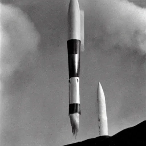 Prompt: Norwegian ghost rockets, 1946 photograph