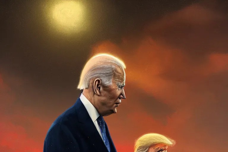 Image similar to Trump and Biden!!!!! , portrait, close shot, dark makeup, dark crown with magical ruby, painting by Studio Ghibli, Ivan Aivazovsky and Greg Rutkowski, artstation, fantasy, intricate, beautiful, cinematic, octane render, arnold render, 8k, hyper realism, detailed, sharp focus, 4k uhd, masterpiece, award winning