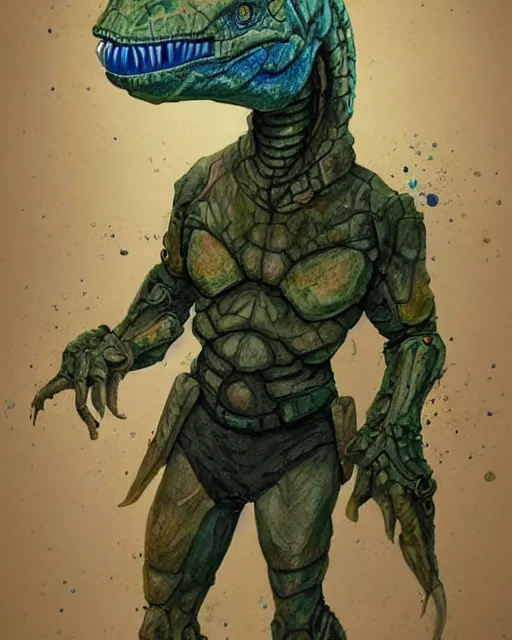 Prompt: a watercolor painting full body character portrait of a humanoid dinosaur soldier in the style of moebius in the style of leonard boyarsky trending on artstation deviantart pinterest detailed photorealistic highlights and shadow hd 8 k post - processing high resolution