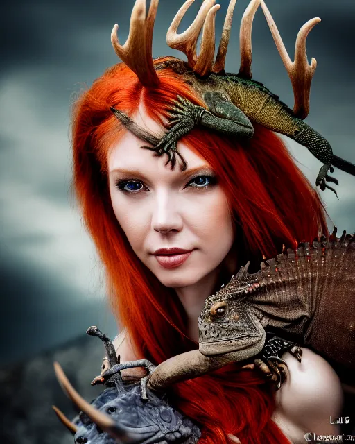 Prompt: 5 5 mm portrait photo of an armored redhead woman with antlers and a an iguana sitting on her shoulder by luis royo. highly detailed 8 k. intricate. lifelike. soft light. nikon d 8 5 0. cinematic post - processing