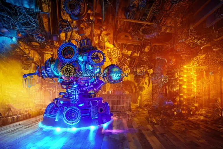 Image similar to scene is fiesta espuma in amnesia ibiza, portrait photo of a giant huge golden and blue metal steampunk robot, with gears and tubes, eyes are glowing red lightbulbs, shiny crisp finish, 3 d render, 8 k, insaneley detailed, fluorescent colors, haluzinogetic, background is multicolored lasershow