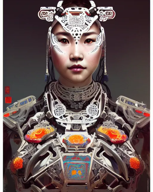 Image similar to portrait of a machine from horizon zero dawn, machine face, upper body, decorated with chinese opera motifs, asian, traditional chinese art, intricate, elegant, highly detailed, digital painting, artstation, concept art, smooth, sharp focus, illustration, art by artgerm and greg rutkowski and alphonse mucha, 8 k